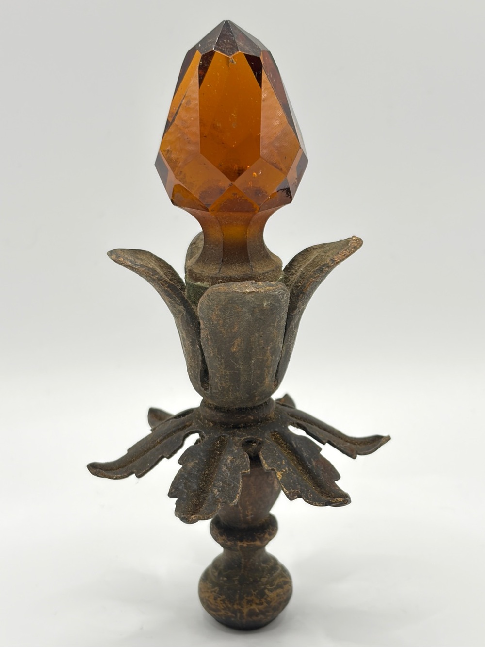 Antique Amber Glass Faceted & Metal Hollywood Regency Lamp Finial Architectural